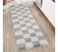 Chester Tapis Moderne à Poils Longs pour Salon - Design Contemporain à Carreaux de 30 mm - Revers en Jute Doux - pour Couloir, intérieur - Bleu Canard - 60 x 220 cm