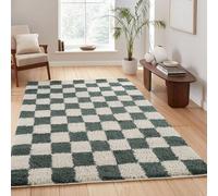 Chester Tapis Moderne à Poils Longs pour Salon - Design Contemporain à Carreaux de 30 mm - Revers en Jute Doux - pour Couloir, intérieur - Vert Jade - 120 x 170 cm
