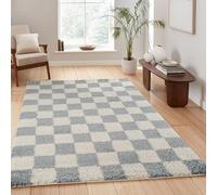 Chester Tapis Moderne à Poils Longs pour Salon - Design Contemporain à Carreaux de 30 mm - Revers en Jute Doux - pour Couloir, intérieur - Bleu Canard - 160 x 230 cm