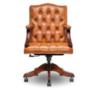 Chesterfield Chaise de bureau pivotante - Chaise de bureau vintage en cuir marron clair | Chaise de bureau de bureau avec dossier touffeté, pivotant à 360°, inclinable et base en bois d'acajou massif