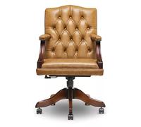 Chesterfield Chaise de bureau pivotante en cuir véritable italien marron clair | Chaise de bureau Chesterfield faite à la main avec pivot à 360°, inclinable et base en acajou massif
