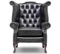 Chesterfield Chaise Queen Anne à dossier haut - 100 % cuir noir véritable | Fauteuil à oreilles fait à la main avec touffetage à boutons profonds, pieds en acajou et cadre en bois dur FSC | Artisanat
