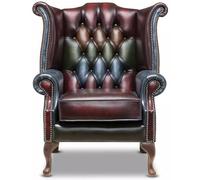 Chesterfield Chaise Queen Anne à dossier haut - 100 % cuir patchwork antique véritable | Fauteuil à oreilles fait à la main avec touffetage à boutons profonds, pieds en acajou et cadre en bois dur FSC