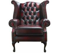 Chesterfield Chaise Queen Anne à dossier haut - 100 % cuir rouge antique véritable | Fauteuil à oreilles fait à la main avec touffetage de boutons profonds, pieds en acajou et cadre en bois dur FSC |