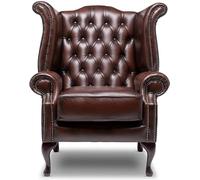 Chesterfield Chaise Queen Anne à dossier haut - 100 % cuir véritable marron antique | Fauteuil à oreilles fait à la main avec touffetage de boutons profonds, pieds en acajou et cadre en bois dur FSC |