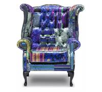 Chesterfield Chaise Queen Anne à dossier haut - Revêtement en velours patchwork | Fauteuil à oreilles fait à la main avec touffetage à boutons profonds, pieds en acajou et cadre en bois dur FSC |