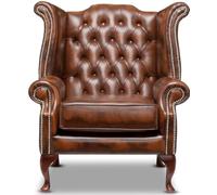 Chesterfield Chaise Queen Anne à dossier haut - Siège extra large en cuir 100 % véritable marron clair antique | Fauteuil à oreilles fait à la main avec touffetage à boutons profonds et pieds en
