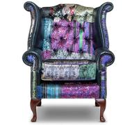 Chesterfield Chaise Queen Anne à dossier haut - Velours patchwork avec accoudoirs en cuir véritable bleu | Fauteuil fait à la main avec touffetage à boutons profonds et cadre en bois massif