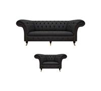 Chesterfield Ensemble de tissu noir Designer 3 places Fauteuil rembourré 2pcs