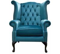 Chesterfield Fauteuil Queen Anne à dossier haut en velours bleu sarcelle | Chaise à oreilles faite à la main avec touffetage à boutons profonds, bordure cloutée et pieds en acajou massif