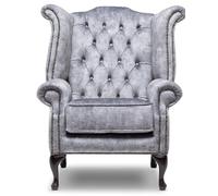 Chesterfield Fauteuil Queen Anne à dossier haut en velours gris | Chaise touffetée à boutons profonds faite à la main avec cadre en bois massif et pieds en acajou | Design britannique classique