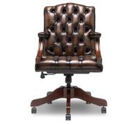 Chesterfield Gainsborough Chaise de bureau pivotante en cuir italien véritable marron | Design ailé fait à la main avec pivotement à 360°, inclinaison, réglage de la hauteur et base en bois d'acajou