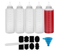 Chetexus Lot de 5 bouteilles à condiments compressibles de 1000 ml en plastique avec mesures pour ketchup, barbecue, sauces, sirop, vinaigrettes