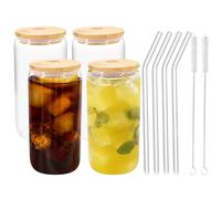 CheurYae Lot de 4 verres à bière transparents en forme de canette avec couvercles en bambou avec pailles, 500 ml, pour smoothies, bière, cola, jus, soda, cocktail, lait