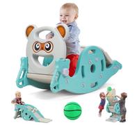 Cheval à Bascule 4 en 1 pour Enfants, Ensemble de Jeu Multifonctionnel Tout-Petits avec Panier Basket, Aire Jeux intérieure 6 Ans, Jouets Chambre d'enfant Plastique Robuste, Rose Vert
