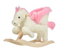 Cheval à bascule fonction musicale selle grand confort peluche courte douce bois peuplier blanc et rose dim. 70L x 28l x 57H cm
