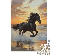 Cheval au Soleil couchant Puzzle en Papier 1000 pièces Adulte, Jeu éducatif, Grand Puzzle Papier Cheval Noir Plage 52x38cm/1000pcs