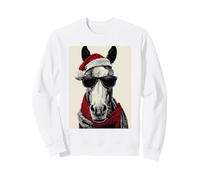Cheval avec Lunettes de Soleil Chapeau Père Noël Festif Sweatshirt, Unisexe pour Adultes, Blanc, S