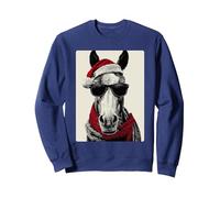 Cheval avec Lunettes de Soleil Chapeau Père Noël Festif Sweatshirt, Unisexe pour Adultes, Bleu Marine, L