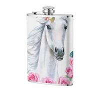 Cheval blanc à fleurs roses,Flasque de poche plate de 8 oz en acier inoxydable 304, idéale pour les activités de plein air.