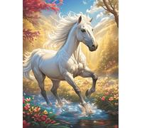 Cheval blanc courant dans une prairie fleurie 300 Pièces Puzzle Adulte En Carton Rigide Sans Déformation Animal sauvage et animal de compagnie Cute Difficile Moyenne Décoration Murale Loisir Créatif I
