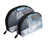 Cheval Blanc en Hiver, Trousse de Maquillage Coquille Femme Petit Porte-Monnaie Trousse de Toilette Trousse à cosmétiques 2 pièces