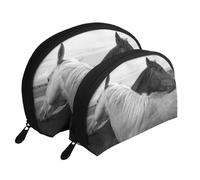 Cheval Blanc et Cheval Noir imprimés, Trousse de Maquillage Coquille Femme Petit Porte-Monnaie Trousse de Toilette Trousse à cosmétiques 2 pièces