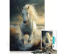 Cheval Blanc galopant dans l'eau Puzzle de 1000 pièces pour Adultes Jeu de logique Découpe précise Bords Lisses pour Les réunions de Famille (50x75cm)