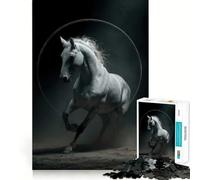 Cheval Blanc sautant à Travers Un Cercle Puzzle de 1000 pièces pour Adolescents Jeu de Concentration mentale Découpe de précision Bords Lisses pour Les fêtes (38x26cm)