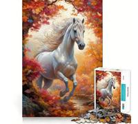 Cheval Blanc Sauvage en Automne Puzzle de 1000 pièces pour Adultes Jeu de Concentration mentale Activité de découpage de Haute précision Activité de Partage et de renforcement 50x75cm