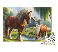 Cheval dans Paysage de pâturage Difficile 1000 pièces Puzzle pour Adultes Beaux Chevaux broutant sur Une Terre agricole Verte Premium Robuste Haute qualité soulagement du Stress 52x38cm/1000pcs