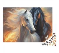 Cheval de feu, Puzzle 1000 pièces pour Adultes Hommes Femmes, Chevaux Blanc et Noir, feu, Vent, Premium épais Robuste, Vibrant, Stimulant, Anti-Stress, 38x26cm/1000pcs