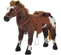 HomCom Cheval en peluche debout Sons hennissement/galop, selle, étriers 85Lx28lx60H Marron/Blanc