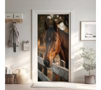 Cheval D'écurie Poster de Porte 3D Trompe L'oeil 73x205 cm, Animaux Auto-Adhésif Sticker Porte pour Chambre Cuisine, Cheval Brun Foncé Stickers Autocollants de Porte