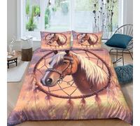 Cheval Dreamcatcher Parure de Lit 3 pièces 3D Effet Microfibre résistante Fantaisie Animal Art Housse de Couette avec Fermeture Éclair Facile d'entretien for Enfant Super King（260x220cm）