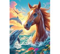 Cheval et dauphin dans un coucher de soleil magique 1000 Pièces Puzzle Débutant En Carton Haute Densité Animal sauvage et animal de compagnie Cute Facile Apprentissage Anti-Stress Passe-Temps Cadeau F