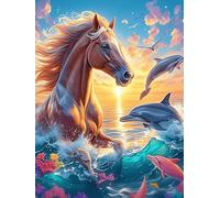 Cheval et dauphin dans un coucher de soleil magique 300 Pièces Puzzle Créatif En Carton Épais Sans Déformation Animal sauvage et animal de compagnie Cute Difficulté Moyenne Activité Manuelle Loisir Cr