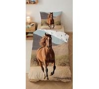 Cheval Évasion Sauvage Housse de Couette 140x200 + Taie 65x65 100% Coton | Parure de lit réversible 1 personne | Chevaux au galop dans le désert | Verso motifs cactus | Coton Oeko-Tex