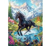 Cheval Noir à la Cascade montagneuse 500 Pièces Puzzle Débutant en Carton Anti-Déchirure Mythes Animal Plante Facile Apprentissage Anti-Stress Passe-Temps Cadeau Fête des Mères Petit Prix 500 PCS