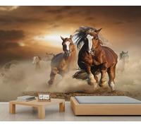 Cheval Noir Dirigeant une Meute de Chevaux Blancs dans un Mur de Poussière - Décor dramatique pour le salon avec arrière-plan occidental 250x175cm (Non autocollant)