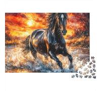 Cheval Noir Galopant Épais Puzzle 1000 pièces pour Adultes Cheval Noir Coucher de Soleil Eau Courant Premium Robuste Haute Qualité Vibrant Défiant Difficile Relaxation Antistress 70x50cm/1000pcs