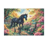 Cheval Noir Rose Champ de Fleurs Faune Sauvage Nature Sauvage Puzzle 1000 Pièces pour Adultes Agréable Amusant Et Relaxant Parfait pour Passe Temps Et Hobby （75x50cm）