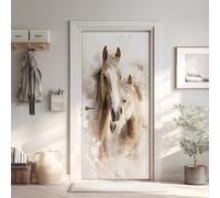 Cheval Poster de Porte 3D Trompe L'oeil 73x205 cm, Chevaux Auto-Adhésif Sticker Porte pour Chambre Cuisine, Art Animal Stickers Autocollants de Porte (y1T273)