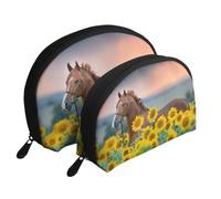 Cheval Tournesol Jaune imprimé, Trousse de Maquillage Coquille Femme Petit Porte-Monnaie Trousse de Toilette Trousse à cosmétiques 2 pièces