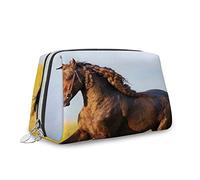 Cheval, trousse de maquillage, sac à cosmétiques, cheval frison au galop au coucher du soleil, organisateur en cuir, trousse de toilette réutilisable, jaune marron, S, Jaune Brun_5, Taille unique,