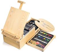 Chevalet de table en bois MIAOKE - Chevalet de valise réglable avec 55 pièces - Mallette de peinture de luxe - Contient 24 peintures acryliques - 12 crayons de couleur - 10 pinceaux et autres outils