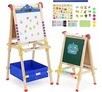 Chevalet Peinture Enfant,Tableau de Dessin Double Faces en Bois,Chevalet d'art Réglable en Hauteur avec Chiffres, Volutes et Autres Accessoires,Convient Enfant 2+ Ans(Robot)