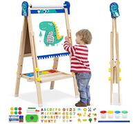 Chevalet Peinture Enfant,Tableau de Dessin Double Faces en Bois Pliable,Chevalet d'art Réglable en Hauteur avec Chiffres, Volutes et Autres Accessoires,Convient Enfant 2+ Ans(Dinosaure)