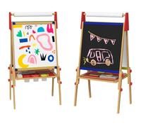 AIYAPLAY Chevalet peinture pour enfants, tableau enfant double face 3 en 1, avec rouleau de papier, tableau blanc et noir hauteur réglable, avec accessoires de peinture, enfants 3-8 ans, bois naturel