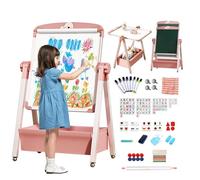 Chevalet Pour Enfants avec Rouleau de Papier 3 en 1 Double Face planche à dessin pliable, hauteur réglable Rotatif à 360 ° tableau blanc et noir avec lettres et chiffres pour garçons et filles
